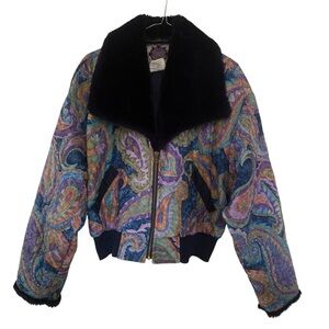 VTG Manager Women’s Quilted Bomber Jacket Size Medium Colourful Paisley Faux Fur